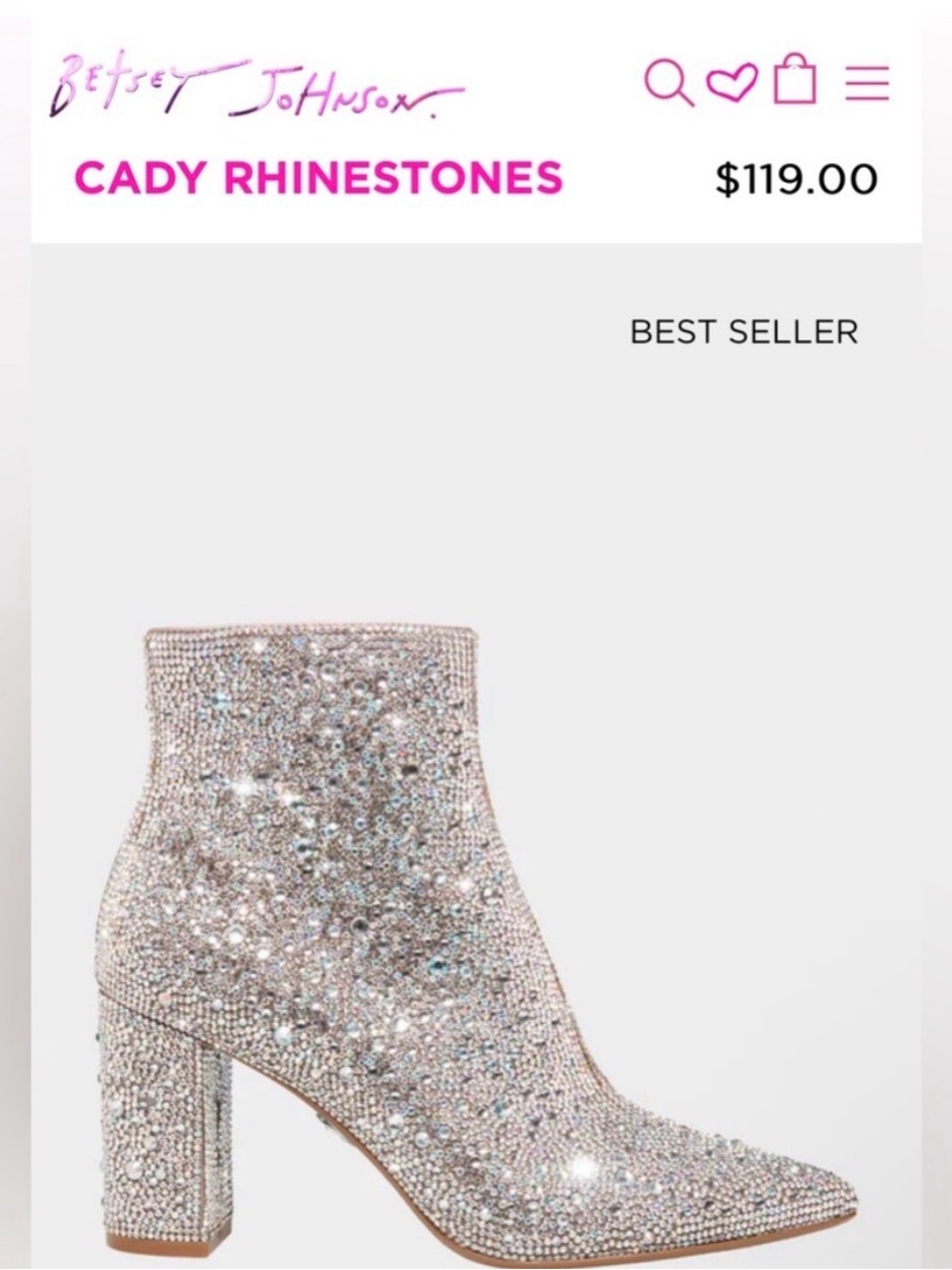 Betsey Johnson Silver Rhinestone Block Heel Ankle Booties
